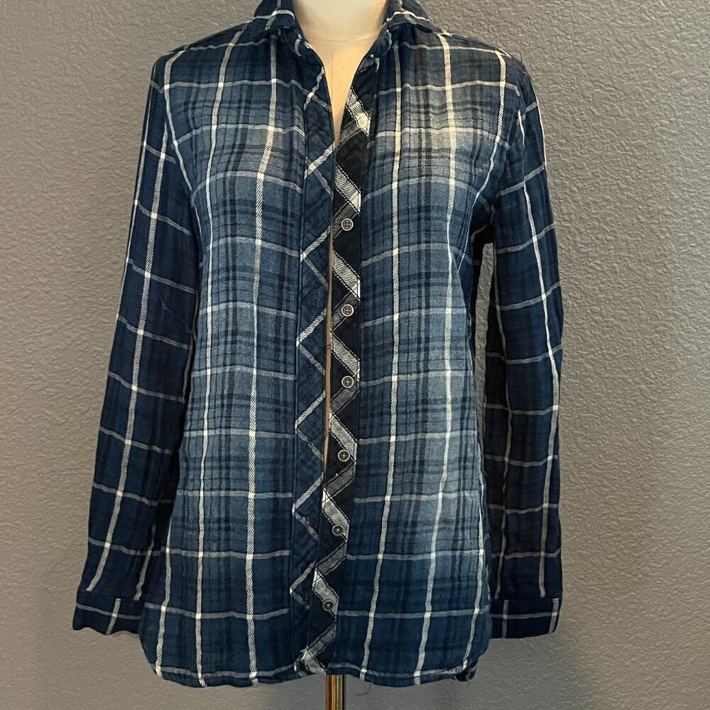 BELLA DAHL Blue Ombre 100% Cotton Flannel Plaid Button Down Shirt Shacket EUC XS